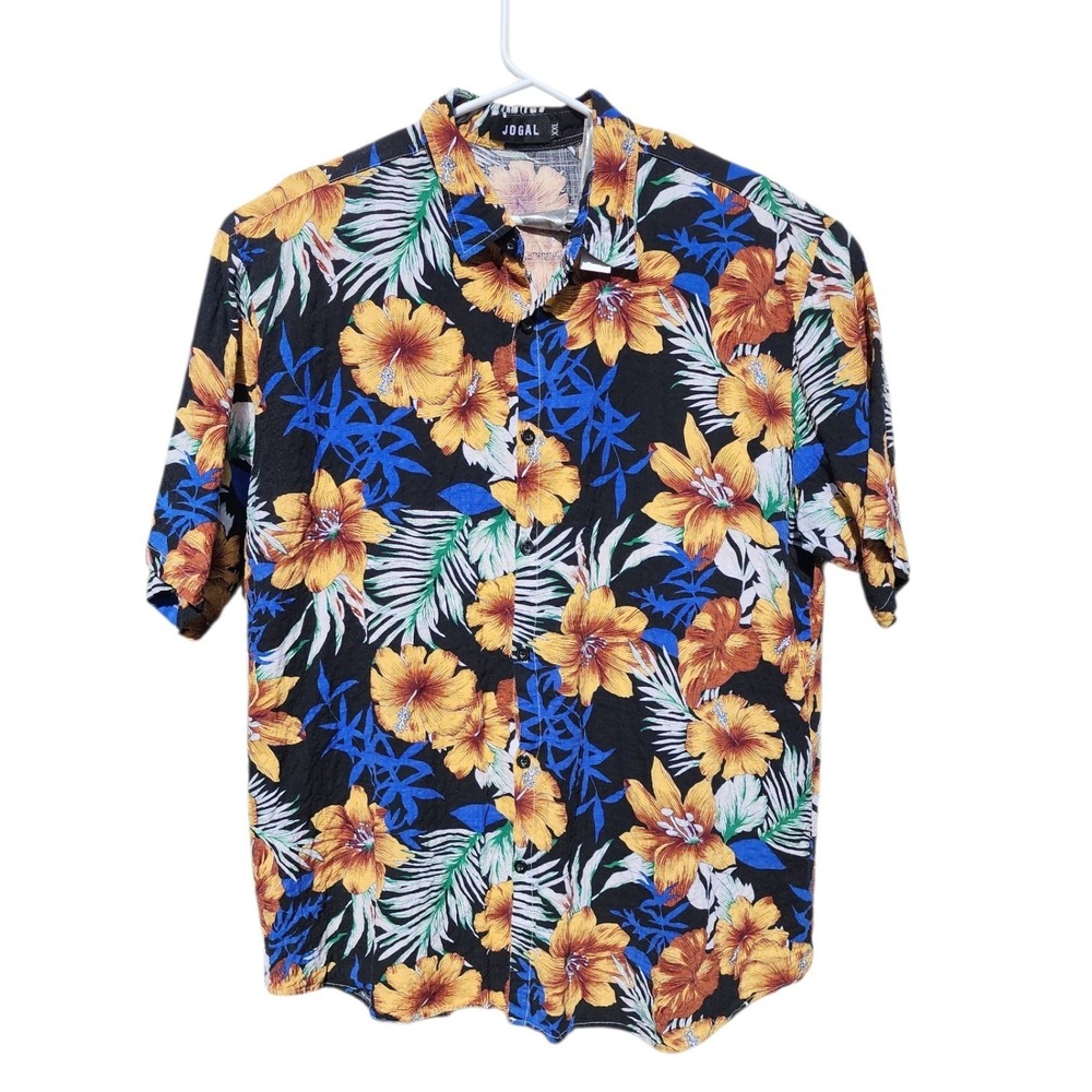 JOGAL Mens Hawaiian Shirt XXL Tropical Floral Palm Leaf Button Down Cotton Blend